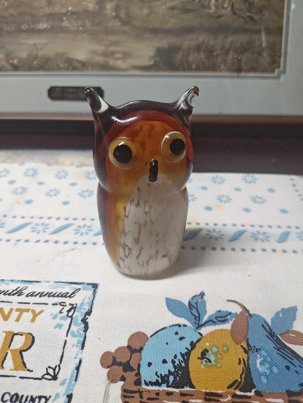 Hand Blown Glass Owl Paperweight Figurine 4 1/2” Birds Wildlife Amber & White